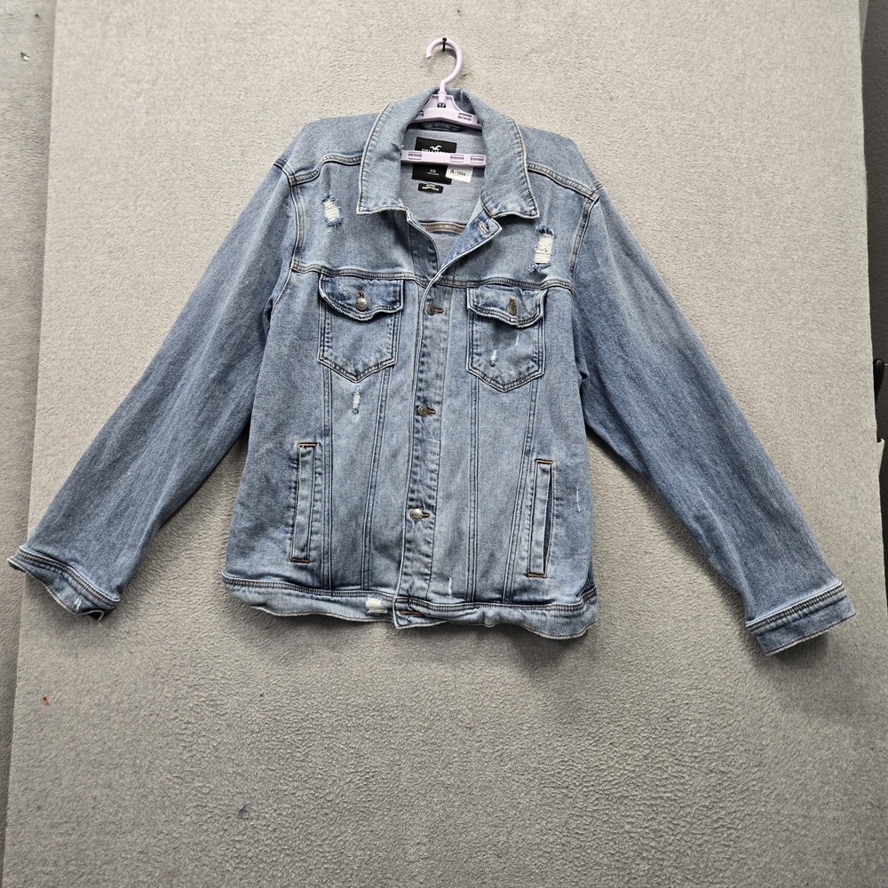 Hollister Men Jacket XXL Light Blue Denim Jacket Advanced Stretch Trucker